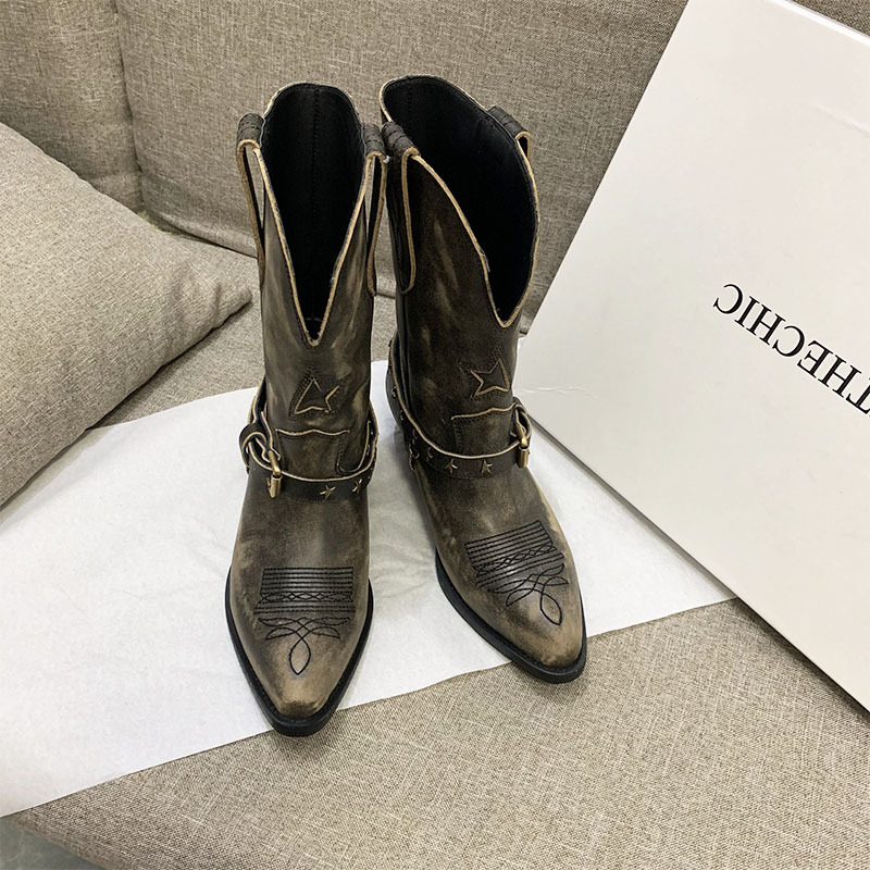 Bestickte Western Cowboy Damenstiefel aus echtem Leder, gebürstet und gebraucht, kurzer Stiefel, dicker Absatz, spitz,_voghion.com