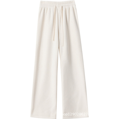 Women's Winter Thicker Warm High-Waist Loose Straight Legging Pants with Tassel Hem in Off-White Flannel