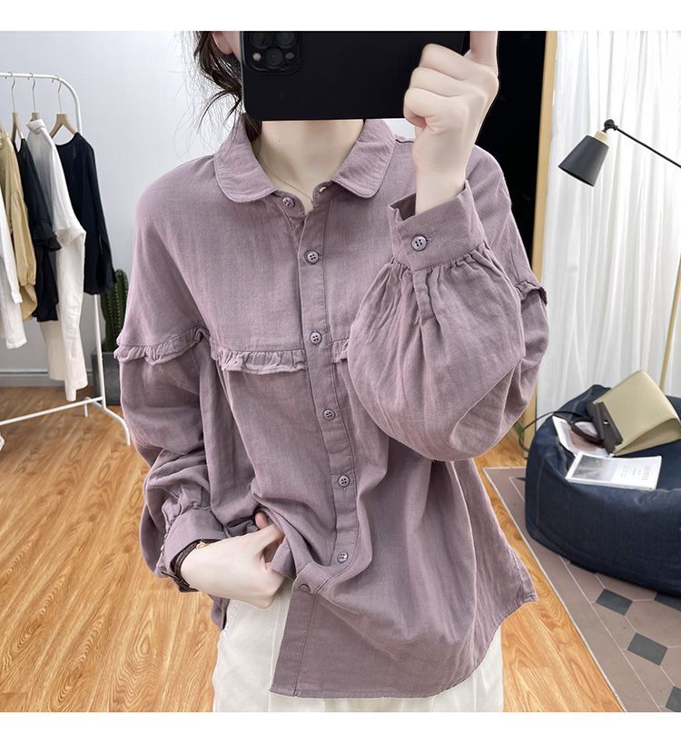 Women's Cotton Linen Blouse With Ruffles And Lantern Sleeves_voghion.com