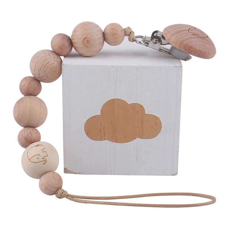 Bebé suministros de dibujos animados de haya forma chupete clip de haya animal cuentas de madera mordedor cuentas pezón cadena anti-perdido cadena