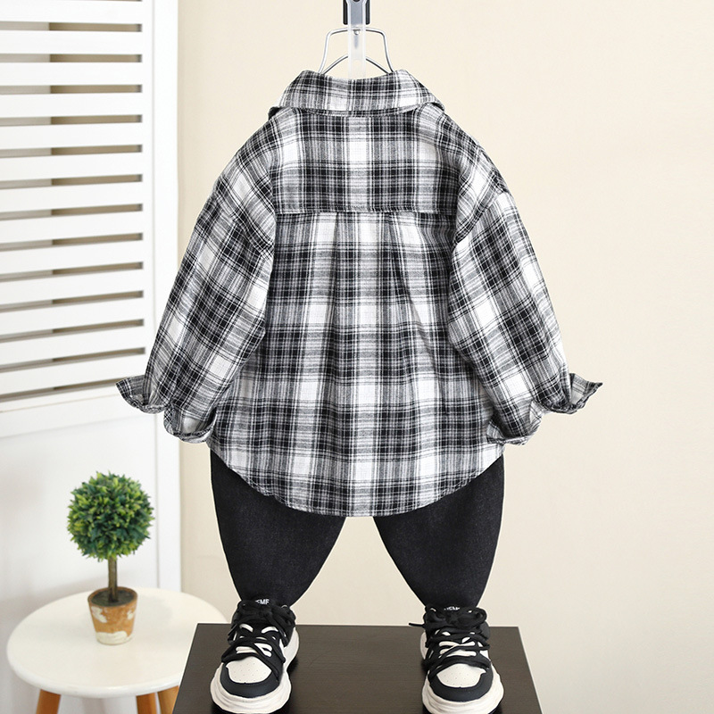 5839 Chaqueta de camisa de primavera y otoño para niños 2024 Nueva camisa a cuadros de otoño para bebés de moda