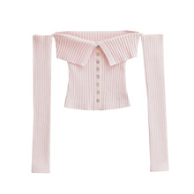 2012-欧美风性感一字肩单排扣长袖针织衫2024新款辣妹修身毛衣女