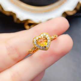 天然S925银黄水晶戒指6*6mm轻奢高级感戒指新款网红饰品批发