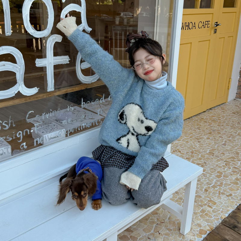 Flower and Hunt Children's Clothing Girls' Sweater 2025 Winter Korean Style Thickened Snoopy Sweater Children's Warm Inner Layer Trendy Kids