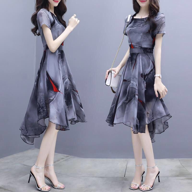 2026 Summer New Style Dress for Women, Short-Sleeved, Korean Style, Slim Fit, Printed, Imitation Chiffon, Swallowtail Skirt, Fairy Skirt