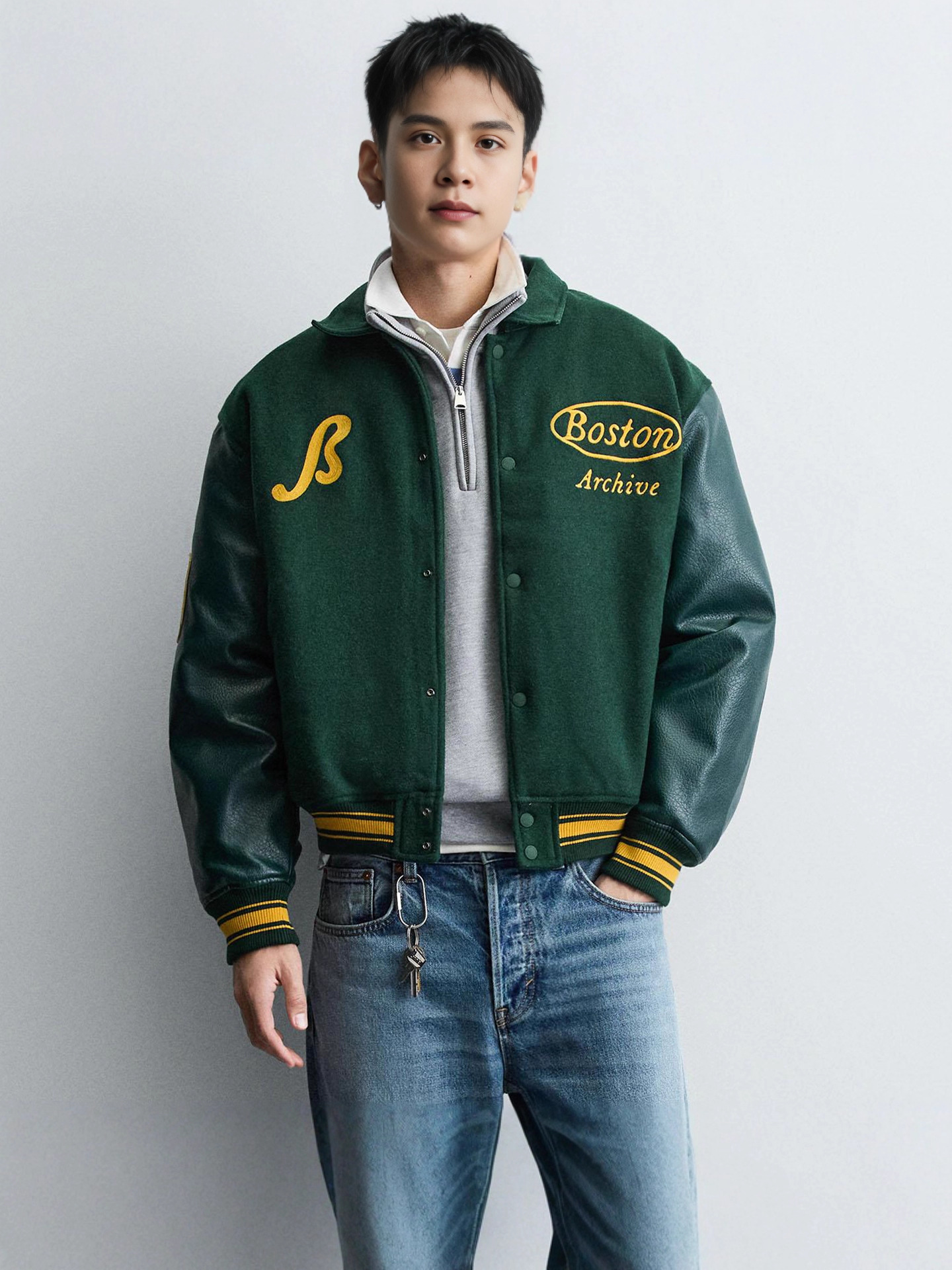 Autumn and Winter Preppy Men's Wool Imitation Leather Sleeve Stitching Embroidered Jacket 4302314 500 Cotton Jacket