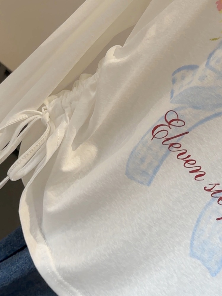 Women's White Off-Shoulder Long Sleeve Sun Protection T-Shirt Summer Loose Fit Drawstring Floral Print Cover-Up Top_ecoleips.com