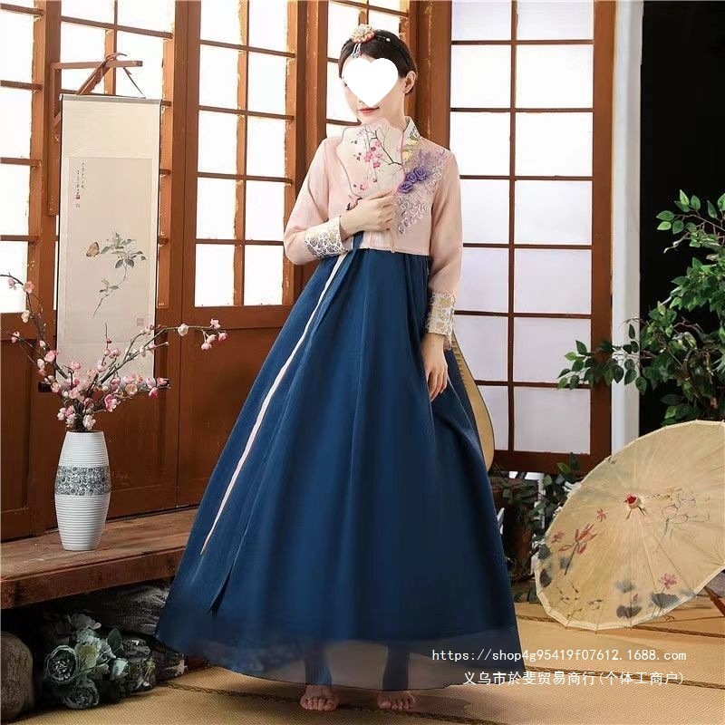 Modernized Hanbok for Women, Court Style, Gold Foil Print, Korean Traditional Dance Performance Costume Dress Set
