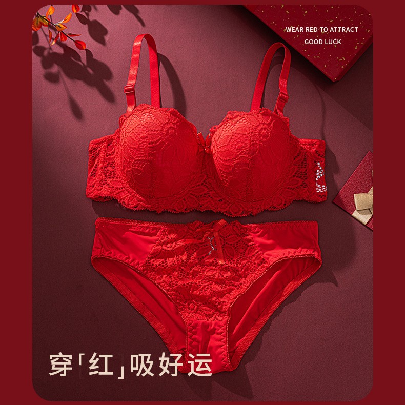 Red suit B cup lingerie for women, thin top and thick bottom, push-up, sexy, underwire bra, lace back, cross-border