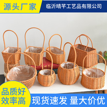 田园风手工编织手提花篮铁艺收纳篮子手礼竹篮藤编干花手提插花篮