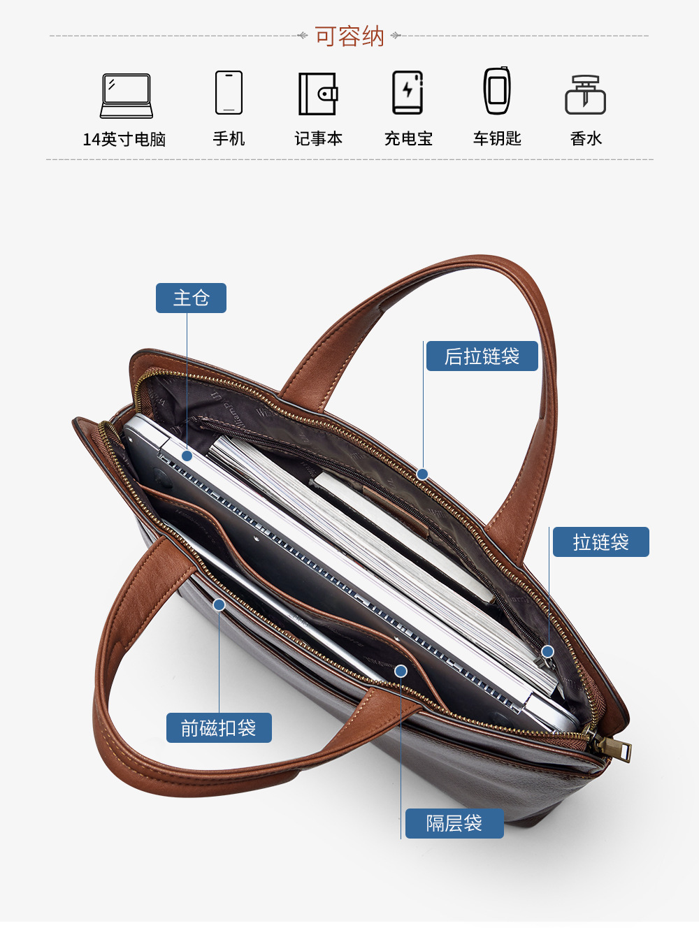 Túi xách nam da bò vintage tote bag đựng laptop công suất lớn chi tiết 3