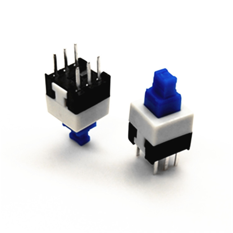 供应自锁无锁7*7小型按钮开关 方头2*3蓝色按钮6脚双排自锁开关