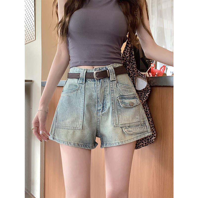 Plus-size American-style denim shorts for women, summer thin style, high-waisted, slimming, loose A-line straight wide-leg hot pants