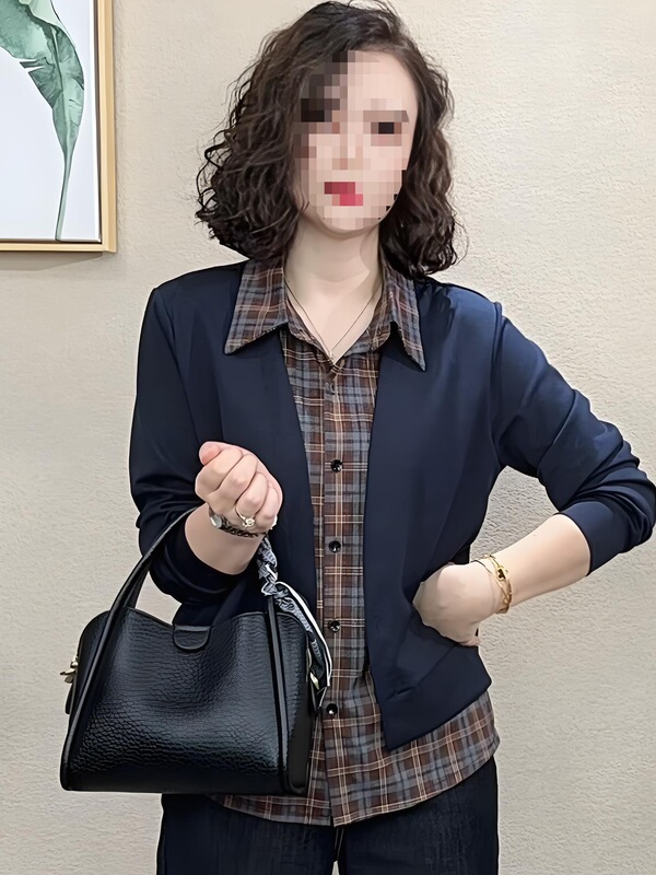 假两件洋气格纹衬衫女气质外贸翻领上衣秋装爆款别致拼接显瘦衬衣|undefined