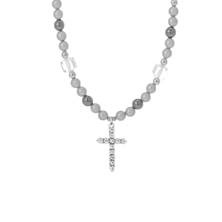 Reflektierende Perlenkette im Kreuzdesign, Herren-Hip-Hop-Stil, Schlüsselbeinkette für Damen_voghion.com