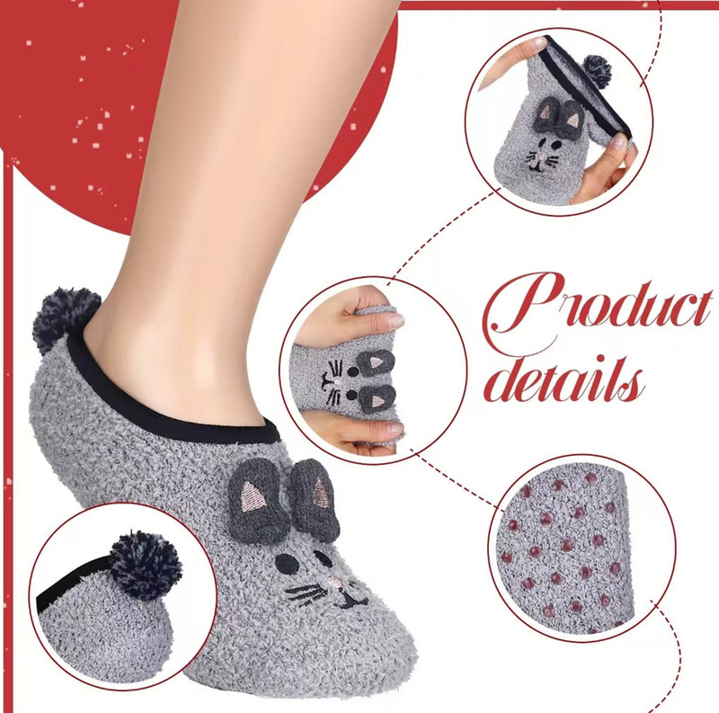 Women's Short Slippers Socks Cat Cartoon Animal Stuffed Winter Fluffy Socks with Grippers Non-Slip* Home Socks