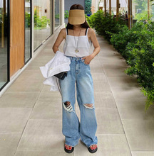 做旧破洞装牛仔裤女夏季2023新款韩版百搭高腰宽松窄版直筒裤