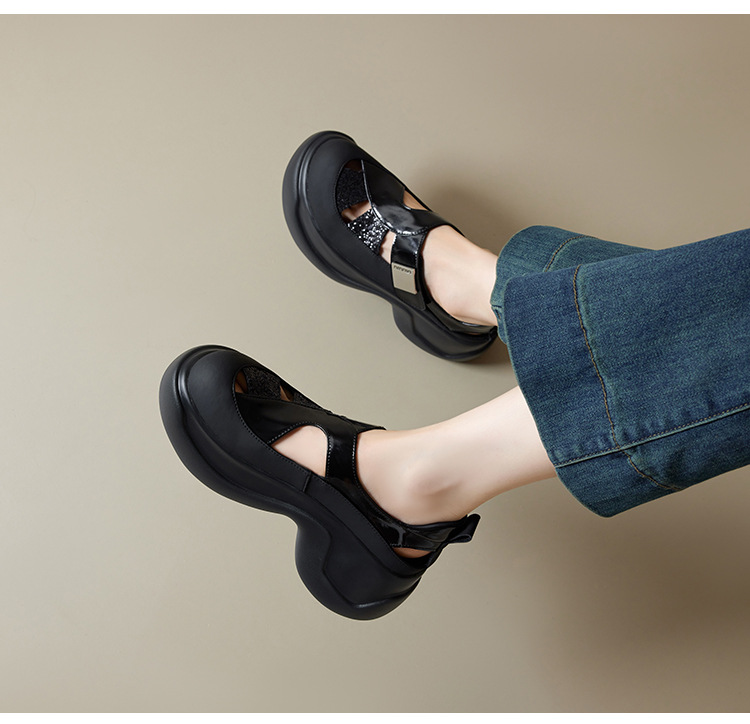 Giày sandal cao gót nữ đính sequin và đá rhinestone, đế dày độn cao, mũi bao da thật kiểu La Mã rỗng — Màu đen, Màu trắng be, Màu bạc chi tiết 6