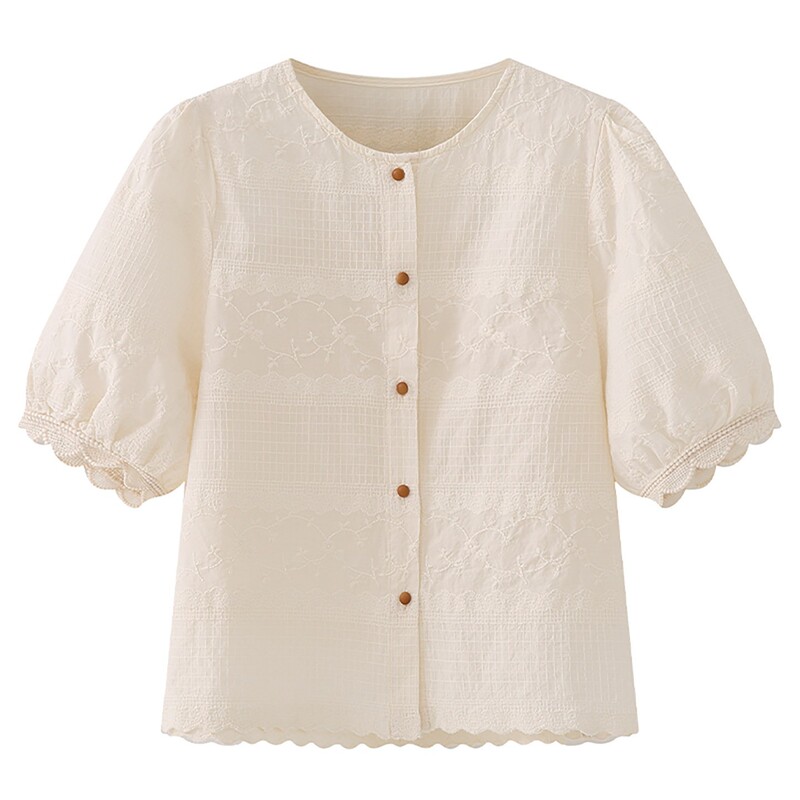 Aigle French-Style Puff Sleeve Embroidered Shirt for Women, 2025 Summer New Model, Petite Lace Apricot-Colored Round-Neck Pure Cotton Top Aigle French-Style Puff Sleeve Embroidered Shirt for Women, 2025 Summer New Model, Petite Lace Apricot-Colored Round-Neck Pure Cotton Top