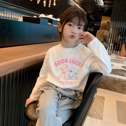 H2330 100% Cotton Children's Long Sleeve Base Shirt Spring and Autumn Stylish Casual T-Shirt for Girls Baby White Top Trendy T