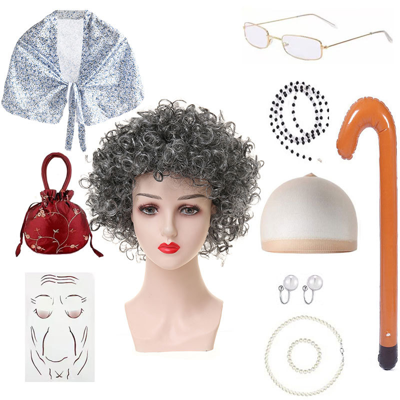 Amazon nueva abuela peluca abuelo pelo vieja dama vieja peluca chal traje accesorios traje