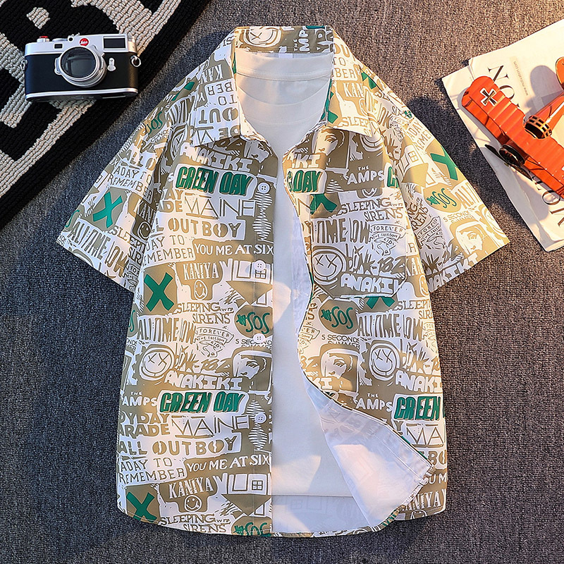 Men's Hawaiian Style Printed Short Sleeve Shirt Trendy Loose Casual Lapel Beach Wear_viptrois.com