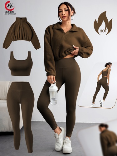 Europe and America cross-border autumn and winter new style fleece semi-zipper high-neck sweater three-piece vest trousers women sports fitness