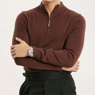 American-style Half-turtleneck Zipper Sweater Men's Tough Guy Slim-fit Long-sleeved Sweater with Collar Base Shirt Trendy
