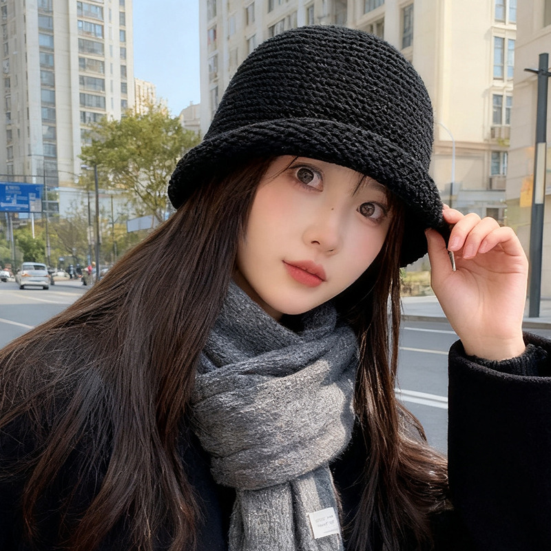 秋冬日系加厚毛线渔夫帽子女卷边盆帽纯色百搭保暖显脸小针织帽男|undefined
