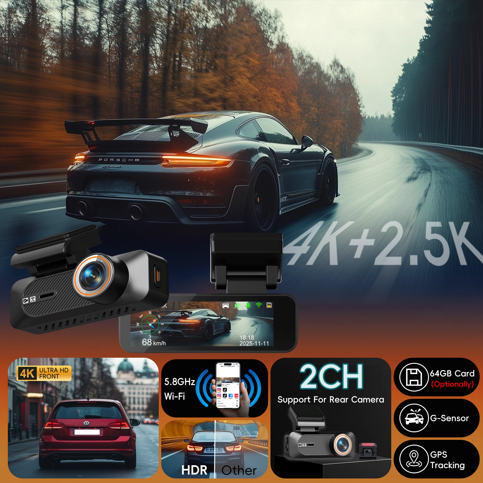 New Cross-Border 4K High-Definition Night Vision Dual-Lens Wifi Front and Rear Dual Recording 24-Hour Parking Monitoring Car Dashcam