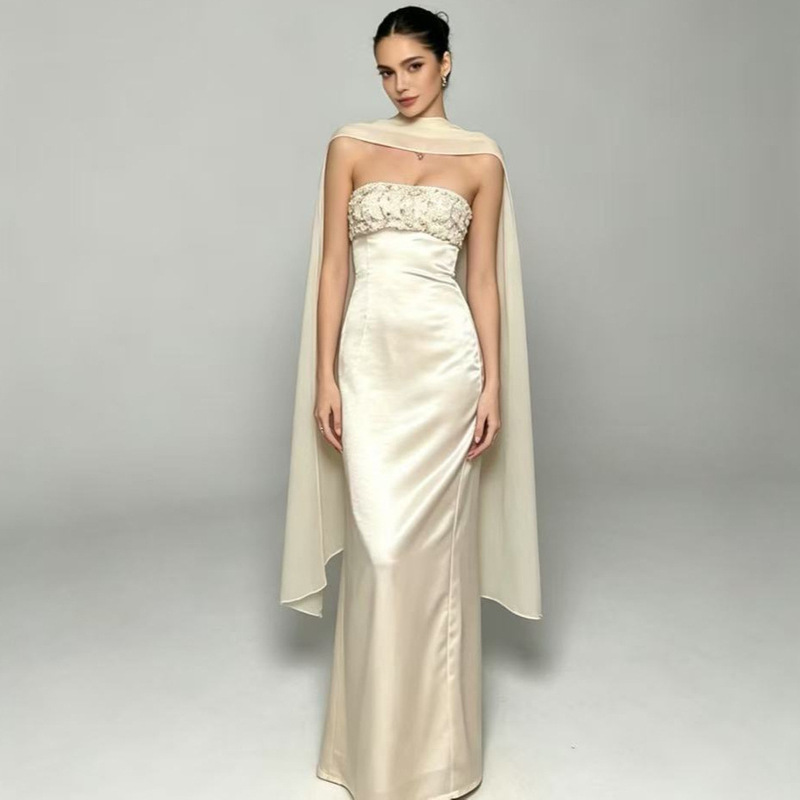 Cross-Border Sexy Flowing White Strapless Dress for Women, Slim-Fitting Sequined Celebrity Gown with Shawl