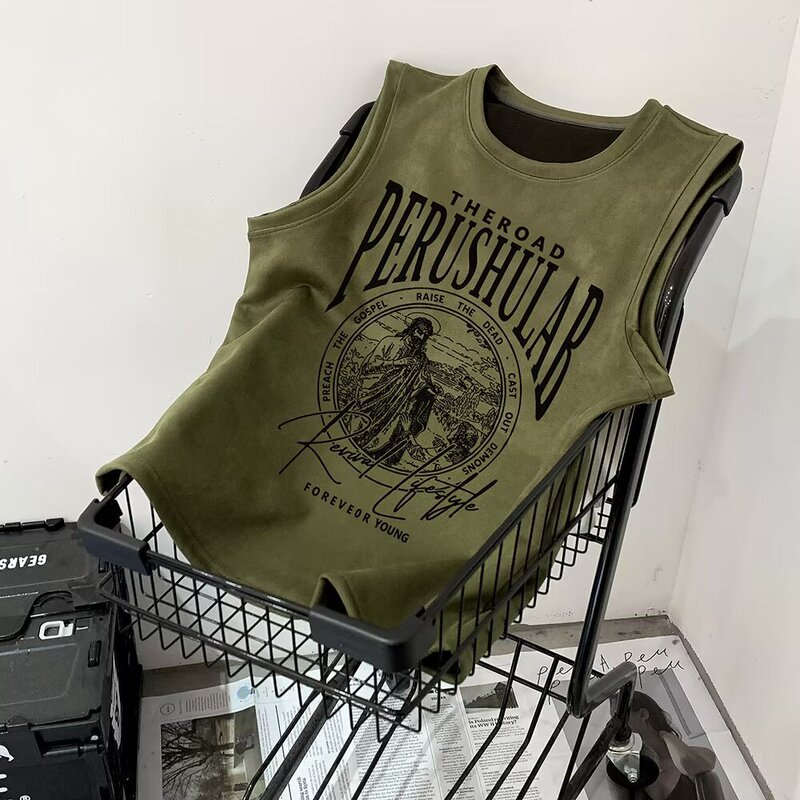 American Style Vest Men's Summer Fashion Brand Heavy-weight Sleeveless Sports Waistle Short-sleeve T-shirt Suede High Street Vintage Sweatshirt