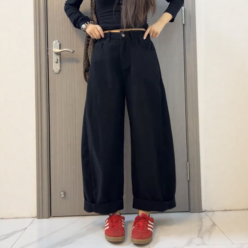 大码阔腿牛仔裤女秋冬2025新款高腰胖mm显瘦宽松卷边直筒老爹裤子|undefined