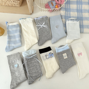 Gray Blue Bow Socks Women's Mid-tube Socks Summer Thin Cotton Socks Ins Trendy White Korean-style Japanese-style Stacked Socks for Women