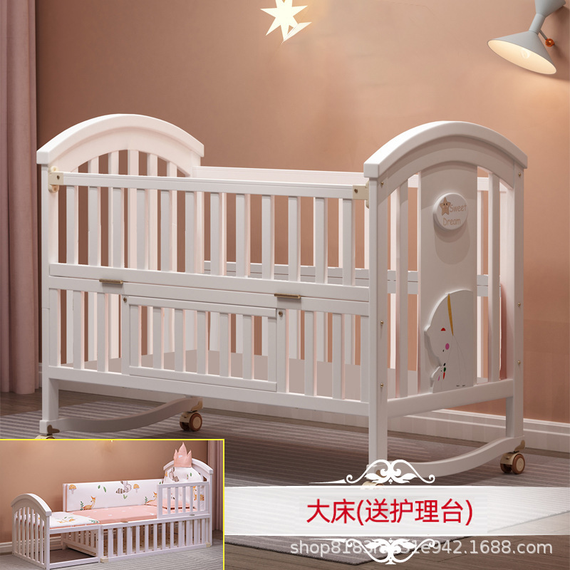 ベビーベッド無垢材ヨーロッパスタイル白可動ベビー bb 新生児多機能クレードル子供用スプライシング大型ベッド|undefined