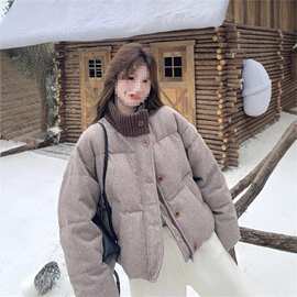 针织拼接条纹面包服时尚立领保暖棉衣女今年流行气质冬季棉服