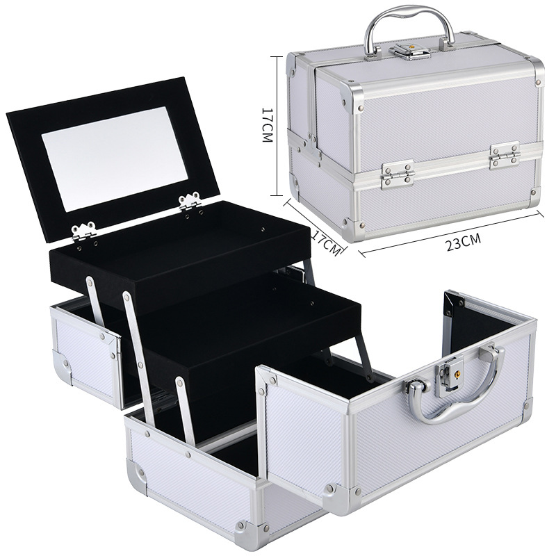 Estuche de cosméticos Estuche de almacenamiento de aleación de aluminio portátil de gran capacidad con espejo Estuche de herramientas pequeño portátil multicapa con maquillador profesional
