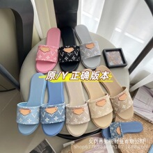 L家牛仔布平底拖鞋女2026夏新款外穿时尚字母印花沙滩一脚蹬凉拖