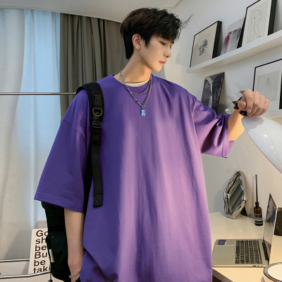 Summer pure cotton men's short sleeved T-shirt, men's solid color fashionable, simple and versatile, shoulder style casual bottom shirt_voghion.com