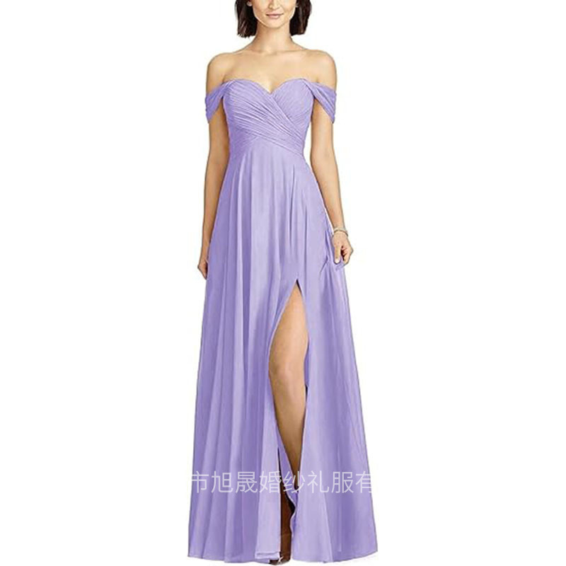 Amazon 2025 New Off-Shoulder Bridesmaid Evening Dress Pleated Chiffon A-Line Slimming Sexy Dress with Slit