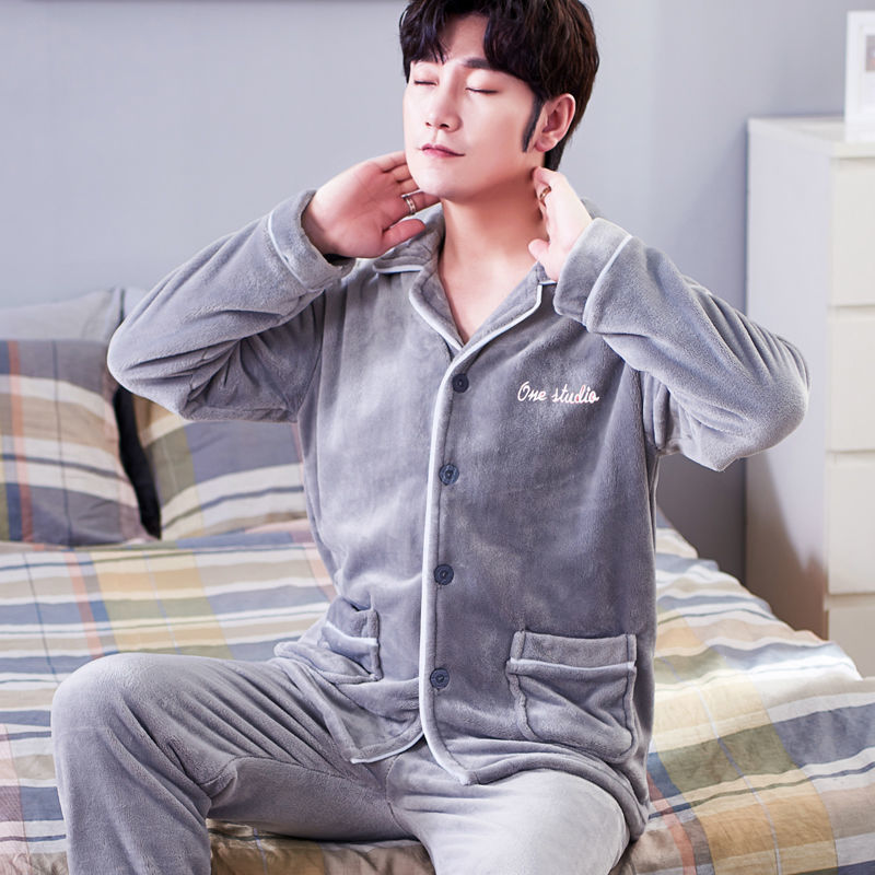 가을과 겨울 남자 플란넬 파자마 카디건 두꺼운 기모 산호 양털 따뜻한 플러스 사이즈 남자 홈 옷 세트