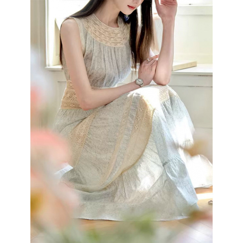 Beautiful Early Spring Dress for Vacation, Lace Patchwork Tencel Ramie Sleeveless Dress