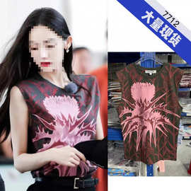 2024花少古力娜扎同款美式复古纯棉无袖印花背心女夏外穿T恤上衣