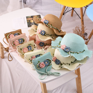 2020 Summer New Fresh Shade Straw Hat Parent-Child Wave Roll Cute Small Bag Bow Fisherman Hat