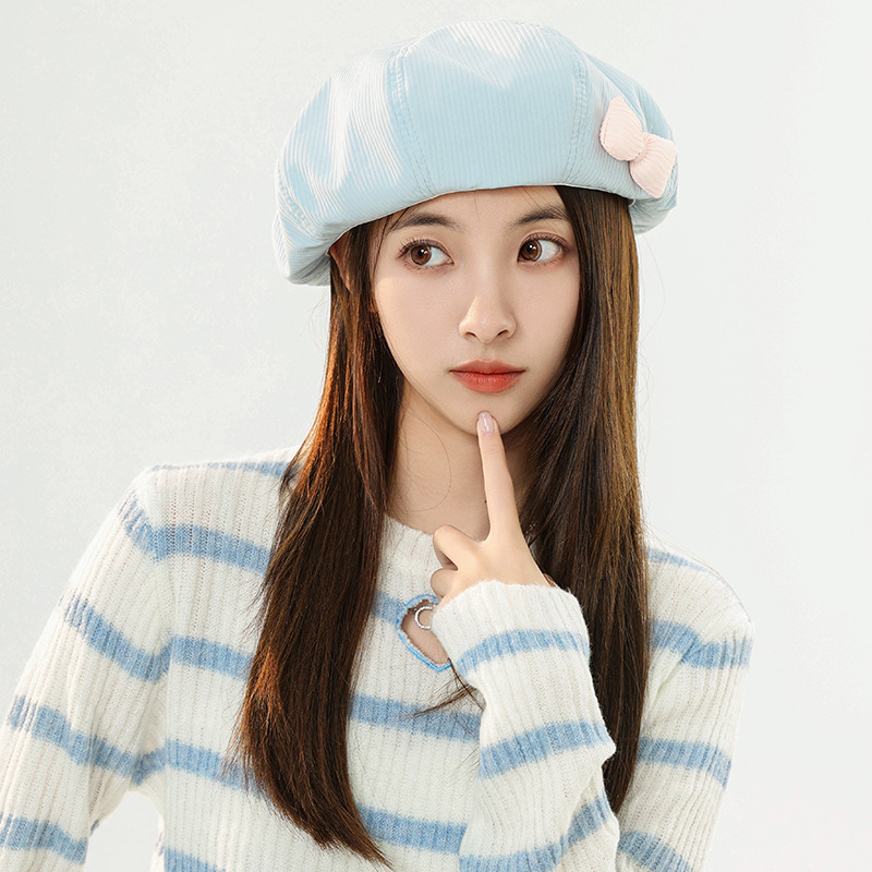 Cappello donna autunno e inverno tinta unita fiocco berretto genitore-bambino coreano versione bianco dolce bocciolo cappello retrò pittore cappello_voghion.com