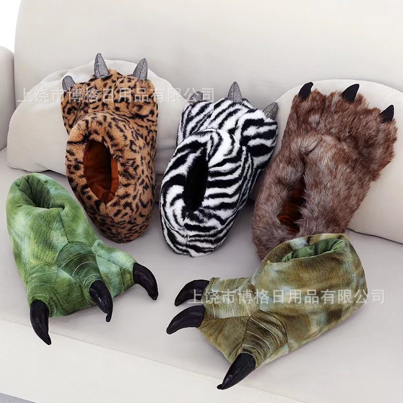 卡通毛绒怪兽动物爪子多色冬棉拖鞋可爱亲子款加厚舒适毛绒棉拖鞋