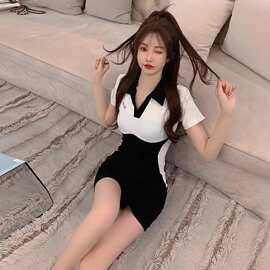 欲拼接显瘦撞色辣妹紧身夏季小个子连衣裙新款裙子短款裙子