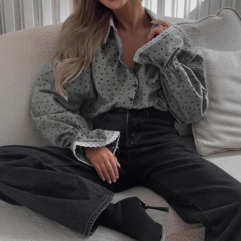Fashion Trendy Heart Print Women's Shirt Single-Breasted Cardigan Elegant Cuff Lace Shirt