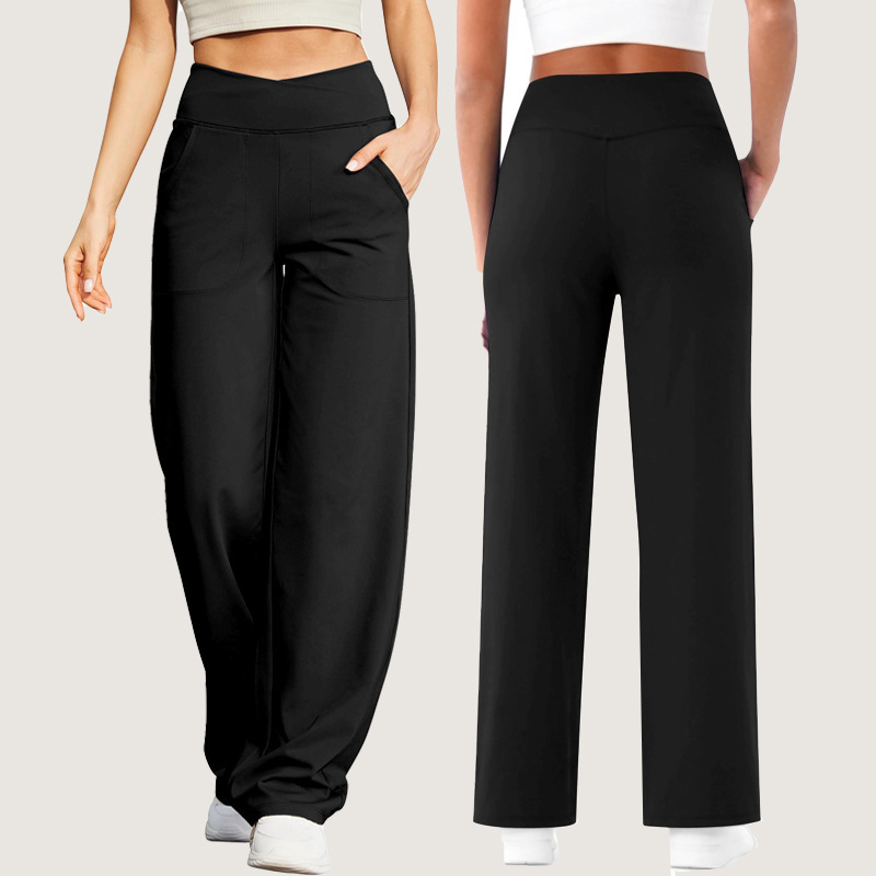 Cross-Border European and American Style Seamless V-Waist Cross Wide-Leg Pants with Pockets for Fitness, Sports, Yoga, No T-Line Long Casual Pants for Women