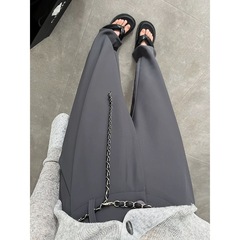 女性用アイスシルクワイドレッグパンツ、夏用薄手ハイウエストナローバージョン、小柄な人向けのフロアレングスストレートグレースーツパンツ